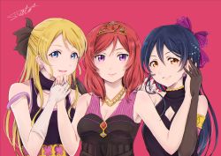 Rule 34 | 3girls, arm up, ayase eli, black dress, black gloves, blonde hair, blue eyes, blue hair, cleavage cutout, clothing cutout, commentary request, dress, earrings, elbow gloves, gloves, hair between eyes, hair ornament, hair ribbon, hand in another&#039;s hair, highres, holding hands, jewelry, long hair, looking at viewer, love live!, love live! school idol project, multiple girls, nishikino maki, ponytail, purple eyes, red background, red hair, ribbon, simple background, sleeveless, sleeveless dress, smile, soldier game, sonoda umi, suito, tiara, upper body, white gloves, yellow eyes
