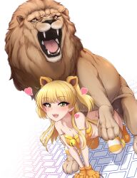 Rule 34 | 1girl, akai (riaakai), animal hands, ass, bell, bestiality, blonde hair, blush, bottomless, commission, gloves, green eyes, happy sex, heart, highres, idolmaster, idolmaster cinderella girls, jingle bell, jougasaki rika, lion, long hair, open mouth, paid reward available, paw gloves, sex, simple background, skeb commission, solo, striped clothes, striped thighhighs, teeth, thighhighs, twintails, upper teeth only, white background, yellow stripes