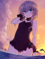 Rule 34 | 1girl, blue eyes, blush, breasts, cloud, commentary request, covered navel, dolphin, evening, frilled one-piece swimsuit, frills, gradient sky, grey hair, hair between eyes, hand on own head, indie virtual youtuber, navel, ocean, one-piece swimsuit, open mouth, orange sky, otsuyama heidi, scrunchie, sky, small breasts, solo, standing, sunset, swimsuit, thighs, umaway, virtual youtuber, wading, water, wet, wrist scrunchie