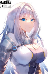 Rule 34 | 1girl, absurdres, black shirt, blue eyes, breasts, cleavage, closed mouth, commentary request, ethel (xenoblade), grey hair, hair intakes, highres, jacket, large breasts, long hair, looking at viewer, marthabucks, medium breasts, shirt, simple background, solo, upper body, white background, white jacket, xenoblade chronicles (series), xenoblade chronicles 3