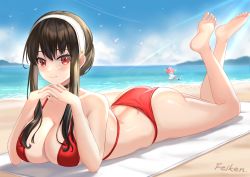 Rule 34 | 2girls, absurdres, anya (spy x family), arms up, ass, barefoot, bikini, bird, black hair, blue sky, blush, breasts, choker, cleavage, cloud, day, dress, feet, feet up, feiken 631, hairband, highres, interlocked fingers, large breasts, legs, looking at viewer, lying, mother and daughter, multiple girls, ocean, on stomach, outdoors, pink hair, red bikini, red eyes, sand, sidelocks, sky, soles, spy x family, summer, sunlight, swimsuit, the pose, toes, white dress, white hairband, yor briar