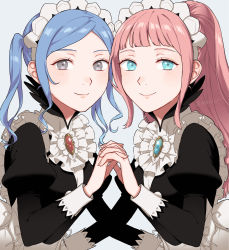 Rule 34 | 2girls, aqua eyes, black dress, blue hair, blunt bangs, brooch, center frills, commentary request, dress, feather trim, felicia (fire emblem), fire emblem, fire emblem fates, flora (fire emblem), frills, grey background, grey eyes, highres, holding hands, jewelry, juliet sleeves, long hair, long sleeves, looking at viewer, maid, maid headdress, multiple girls, nintendo, peach11 01, pink hair, ponytail, puffy sleeves, siblings, simple background, sisters, smile, twins, twintails, twitter username, upper body