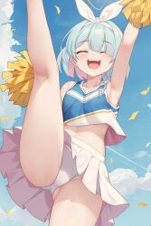 Rule 34 | 1girl, :d, ^ ^, alternate costume, aqua hair, arm up, armpits, arona (blue archive), ass, blue archive, blue sky, blunt bangs, braid, cheerleader, closed eyes, cloud, cloudy sky, colored inner hair, commentary request, hairband, halo, highres, holding, holding pom poms, looking at viewer, multicolored hair, navel, open mouth, outdoors, panties, parted bangs, pleated skirt, pom pom (cheerleading), pom poms, short hair, sidelocks, single braid, skirt, sky, smile, solo, split, standing, standing on one leg, standing split, stomach, two-tone hair, underwear, white panties, zhong zi sheliu