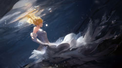Rule 34 | 1girl, aenrs, artoria pendragon (fate), blonde hair, dress, dutch angle, elbow gloves, closed eyes, fate/unlimited codes, fate (series), floating hair, gloves, highres, long hair, saber lily, sleeveless, sleeveless dress, solo, underwater, white dress, white gloves