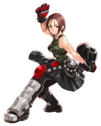 Rule 34 | 1girl, biceps, boots, breasts, brown eyes, brown hair, camouflage tank top, capcom, fighting stance, gloves, helmet, highres, justice gakuen, kazama akira, knee pads, medium breasts, muscular, muscular female, short hair, solo, street fighter, street fighter v, tank top, tetsu (kimuchi), white background