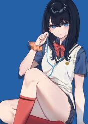 Rule 34 | 1girl, absurdres, arm support, black hair, blue background, blue eyes, blue shirt, blue skirt, bow, bowtie, closed mouth, collared shirt, commentary request, earphones, expressionless, gridman universe, gridman universe (film), highres, knee up, kneehighs, looking at viewer, nagi (pickles pipipi), orange scrunchie, red bow, red bowtie, red socks, school uniform, scrunchie, shirt, short sleeves, simple background, sitting, skirt, socks, solo, ssss.gridman, sweater vest, takarada rikka, thighs, white sweater vest, wrist scrunchie
