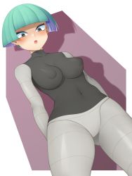 Rule 34 | 1girl, :o, alternate breast size, arms behind back, blunt bangs, blush, bodysuit, breasts, commentary request, covered collarbone, covered erect nipples, covered navel, creatures (company), eyelashes, game freak, green eyes, green hair, grey bodysuit, highres, looking down, nintendo, open mouth, pokemon, pokemon dppt, short hair, skin tight, solo, team galactic, team galactic grunt, tongue, yashima105