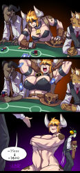 Rule 34 | 1girl, animal ears, animal print, bell, blue eyes, blush, breasts, card, casino, collar, comic, cow ears, cow girl, cow horns, cow print, cowbell, cowboy hat, cowgirl (western), gambling, gloves, hat, highres, horns, large breasts, monster girl, neck bell, nude, open mouth, orange hair, original, playing card, poker chip, praying mantis, ryuusei (mark ii), shirt, short hair, vest