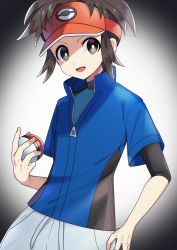 Rule 34 | 1boy, :d, absurdres, blue jacket, bodysuit, bodysuit under clothes, bright pupils, brown hair, commentary, creatures (company), game freak, grey eyes, hat, highres, holding, holding poke ball, jacket, male focus, nate (pokemon), nintendo, open mouth, orange hat, parted bangs, poke ball, poke ball (basic), pokemon, pokemon bw2, short hair, smile, solo, tongue, visor cap, white pupils, yuihico, zipper pull tab
