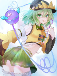 Rule 34 | 1girl, absurdres, adapted costume, black hat, blue background, bow, commentary, cowboy shot, detached sleeves, green eyes, green hair, green skirt, hat, hat bow, heart, heart of string, highres, komeiji koishi, looking at viewer, miniskirt, nyarocks, open mouth, short hair, skirt, solo, third eye, touhou, yellow bow