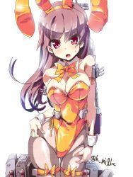 Rule 34 | 10s, 1girl, animal ears, bare shoulders, bow, bowtie, breasts, brown hair, cleavage, fake animal ears, kantai collection, leotard, long hair, looking at viewer, miuku (marine sapphire), ooi (kancolle), pantyhose, pink eyes, playboy bunny, rabbit ears, simple background, solo, twitter username, white background