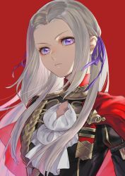 Rule 34 | 1girl, ascot, cape, closed mouth, commentary request, edelgard von hresvelg, fire emblem, fire emblem: three houses, forehead, garreg mach monastery uniform, grey hair, hair ribbon, isa (peien516), long hair, looking at viewer, nintendo, purple eyes, purple ribbon, red background, red cape, ribbon, simple background, solo, uniform, white ascot