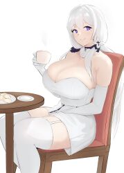 Rule 34 | 1girl, azur lane, biscuit (bread), braid, breasts, chair, cleavage, coco (setawar), cup, food, highres, holding, holding cup, huge breasts, illustrious (azur lane), long hair, looking at viewer, plate, purple eyes, sitting, solo, table, thighhighs, twin braids, white hair