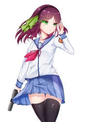 Rule 34 | 1girl, absurdres, angel beats!, bad id, bad pixiv id, blue skirt, bow, catnnn, commentary request, green bow, green eyes, gun, hairband, highres, holding, holding gun, holding weapon, long hair, long sleeves, looking to the side, purple hair, school uniform, serafuku, shirt, simple background, skirt, solo, thighhighs, uniform, v-shaped eyebrows, weapon, white background, white shirt, nakamura yuri