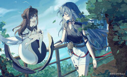 Rule 34 | 2girls, absurdres, ahoge, artist name, bare shoulders, barefoot, belt, black choker, black shirt, blue eyes, blue hair, blue sky, book of fuxi, bracelet, breasts, brown hair, chinese clothes, chinese text, choker, closed mouth, clothing cutout, double bun, dragon print, dress, fence, fu hua, fu hua (night squire), fu hua (rustic noir), grey hair, hair between eyes, hair bun, highres, honkai (series), honkai impact 3rd, jewelry, light smile, long hair, looking at another, low-cut armhole, multiple belts, multiple girls, official alternate costume, open mouth, orb, outdoors, red rope, rope, saya atang, shirt, shorts, side cutout, simplified chinese text, sitting, sky, sleeveless, sleeveless shirt, small breasts, smile, standing, thighs, tree, upper body, white dress, white shorts, yellow belt, yin yang, yin yang orb