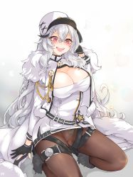 Rule 34 | 1girl, aye, azur lane, boots, breasts, cleavage, coat, commentary, crossed bangs, fur-trimmed boots, fur-trimmed coat, fur trim, gangut (azur lane), gloves, hair ornament, hat, heart, heart-shaped pupils, highres, large breasts, long hair, military hat, on bed, panties, panties under pantyhose, pantyhose, partially fingerless gloves, red eyes, silver hair, smile, symbol-shaped pupils, thigh strap, underwear, white coat, white uniform