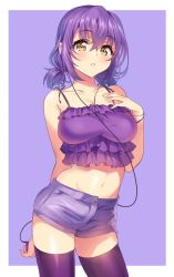 Rule 34 | 1girl, bare shoulders, blouse, blush, bracelet, breasts, brown eyes, cleavage, cowboy shot, digital media player, downscaled, earphones, frills, groin, hand on own chest, highres, jewelry, large breasts, looking at viewer, md5 mismatch, midriff, original, parted lips, purple background, purple hair, purple theme, purple thighhighs, resized, senri gan, shirt, short twintails, shorts, simple background, solo, spaghetti strap, standing, thighhighs, twintails