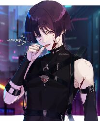 Rule 34 | 1boy, absurdres, alternate costume, armpits, bishounen, black shirt, blood, blood on face, chest harness, cityscape, english text, genshin impact, hand up, harness, highres, illa ohara, male focus, purple eyes, purple hair, scaramouche (genshin impact), shirt, short hair, sleeveless, solo, tongue, tongue out, upper body