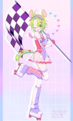 Rule 34 | 1girl, ashton marten (vtuber), bow, checkered flag, cheese print, cherry print, chinchilla (animal), chinchilla ears, chinchilla girl, chinchilla tail, commentary, commission, elbow gloves, english commentary, flag, food print, gloves, green eyes, grid background, hair ornament, hairclip, indie virtual youtuber, leg warmers, multicolored leotard, one eye closed, open mouth, race queen, roller skates, see-through, see-through skirt, short hair, skates, skeb commission, skirt, tail, tail bow, tail ornament, thighhighs, uxu uxa axa, virtual youtuber, visor cap, white thighhighs