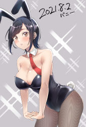 Rule 34 | 1girl, absurdres, animal ears, black hair, black leotard, breasts, brown eyes, bunny day, cleavage, commentary request, cowboy shot, detached collar, fake animal ears, fishnet pantyhose, fishnets, grey background, highres, leotard, looking at viewer, medium breasts, necktie, original, pantyhose, playboy bunny, rabbit ears, red necktie, sakayama shinta, short hair, simple background, solo, sparkle, strapless, strapless leotard