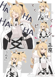Rule 34 | +++, 1girl, :d, ^ ^, animal ear fluff, animal ears, arknights, armor, black bow, blemishine (arknights), blonde hair, border, bow, brown eyes, cape, closed eyes, commentary request, closed eyes, fur-trimmed cape, fur trim, grey background, hair bow, hands on own hips, highres, horse ears, kingdom of kazimierz logo, kumamoto aichi, laughing, long hair, looking at viewer, open mouth, ponytail, seiza, sidelocks, simple background, sitting, sketch, smile, solo, translation request, upper body, very long hair, white background, white border