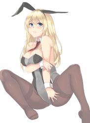Rule 34 | 1girl, adapted costume, animal ears, bad id, bad pixiv id, bare shoulders, bismarck (kancolle), black pantyhose, blonde hair, blue eyes, breasts, covered erect nipples, detached collar, fake animal ears, feet, grey leotard, kantai collection, leotard, lips, long hair, medium breasts, no shoes, pantyhose, playboy bunny, rabbit ears, solo, strapless, strapless leotard, thighband pantyhose, tiasis, toes, wrist cuffs