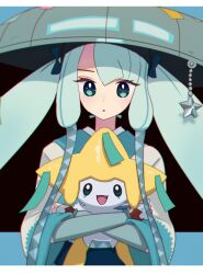 Rule 34 | 1girl, asymmetrical bangs, commentary request, creatures (company), crossover, eyelashes, flaw (4lmnis), game freak, gen 3 pokemon, green eyes, green hair, grey headwear, hat, hatsune miku, highres, holding, holding pokemon, jirachi, legendary pokemon, long hair, looking at viewer, mythical pokemon, nintendo, parted lips, pokemon, pokemon (creature), project voltage, sidelocks, steel miku (project voltage), twintails, vocaloid, wide sleeves