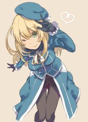 Rule 34 | 10s, 1girl, :&gt;, atago (kancolle), auru t, beret, black gloves, black pantyhose, blonde hair, blue eyes, blush, breasts, frilled sleeves, frills, gloves, hand on thigh, hat, highres, kantai collection, large breasts, long hair, long sleeves, looking at viewer, military, military uniform, one eye closed, pantyhose, showgirl skirt, simple background, smile, solo, thigh gap, uniform, wink