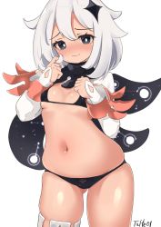 Rule 34 | 1girl, artist name, bikini, black bikini, blue eyes, breasts, cellphone, cowboy shot, genshin impact, half-closed eyes, hand in own hair, highres, micro bikini, navel, paimon (genshin impact), phone, resolution mismatch, scarf, simple background, single thighhigh, skindentation, small breasts, smartphone, solo, source larger, stomach, string bikini, swimsuit, talte01, thighhighs, underboob, white background, white hair