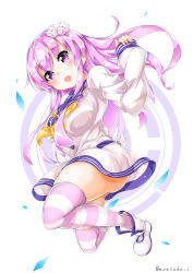 Rule 34 | 1girl, :o, absurdres, ass, blush, d-pad, d-pad hair ornament, dress, full body, hair ornament, highres, knee up, legs folded, long hair, looking at viewer, moesode i, neckerchief, nepgear, neptune (series), purple eyes, purple hair, sailor dress, skindentation, solo, striped clothes, striped thighhighs, thighhighs, thighs, yellow neckerchief