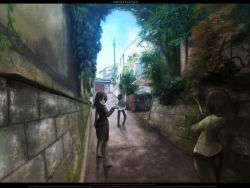 Rule 34 | 1boy, 2girls, alley, bad id, bad pixiv id, bag, building, chitose rin, city, cityscape, cloud, day, faux traditional media, grass, landscape, letterboxed, multiple girls, original, rel, scenery, shopping, sky, spring onion, tree