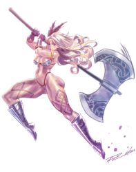 Rule 34 | 1girl, amazon (dragon&#039;s crown), armband, armor, axe, battle axe, bikini armor, blonde hair, boots, breasts, circlet, cleavage, dragon&#039;s crown, feathers, full body, gloves, highres, knee boots, large breasts, long hair, md5 mismatch, muscular, muscular female, open mouth, over shoulder, purple eyes, resized, resolution mismatch, robaato, simple background, solo, source larger, tattoo, weapon, weapon over shoulder, white background