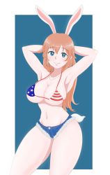 Rule 34 | 1girl, american flag bikini, american flag print, animal ears, bikini, blue eyes, blush, breasts, brown hair, charlotte e. yeager, female focus, flag print, highres, large breasts, looking at viewer, osage gankyou, print bikini, rabbit ears, rabbit tail, short shorts, shorts, smile, solo, strike witches, swimsuit, tail, world witches series