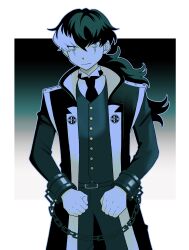 Rule 34 | 1boy, absurdres, ace attorney, belt, black belt, black hair, black jacket, black necktie, black pants, black vest, chain, closed mouth, collared shirt, commentary request, cuffs, deathdemon, highres, jacket, long hair, long sleeves, looking at viewer, male focus, multicolored hair, necktie, pants, ponytail, shackles, shirt, simon blackquill, solo, standing, two-tone hair, vest, white hair, white shirt