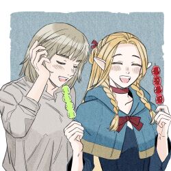 Rule 34 | 2girls, ^ ^, blonde hair, blue capelet, blush, bob cut, braid, capelet, choker, closed eyes, dungeon meshi, eating, elf, facing viewer, falin touden, falin touden (tallman), feeding, french braid, grey background, grey hair, grey shirt, hands up, happy, holding, holding skewer, holding staff, hood, hood down, hooded capelet, korean commentary, long hair, long sleeves, marcille donato, multiple braids, multiple girls, open mouth, outside border, parted bangs, pointy ears, s2realgom, shirt, short hair, side-by-side, side braid, skewer, sprout, staff, tanghulu, teeth, tucking hair, upper body, upper teeth only