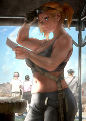 Rule 34 | 1girl, belly, between breasts, blonde hair, blue eyes, breasts, cleavage, curvy, genso, gloves, gun, highres, holster, huge breasts, jewelry, midriff, muscular, muscular female, navel, original, ponytail, ring, safety glasses, shiny skin, single glove, sports bra, sunglasses, sunglasses on head, sunglasses removed, sweat, sweat stain, vz. 58, weapon