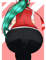 Rule 34 | 1girl, absurdres, asami arcturus, ass, bare shoulders, denim, from behind, green hair, hair ribbon, highres, huge ass, jeans, long hair, original, pants, pointy ears, ponytail, puredarkness500, ribbon, shiny skin, solo, very long hair