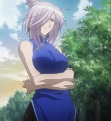 Rule 34 | 00s, 1girl, asu no yoichi, breasts, cloud, dress, female focus, hair over one eye, highres, large breasts, purple hair, red eyes, screencap, smile, solo, stitched, takatsukasa angela, third-party edit