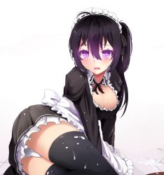 Rule 34 | 1girl, :o, ahoge, alternate costume, apron, ass, bad id, bad pixiv id, beifeng han, black dress, black hair, black ribbon, black thighhighs, blush, bow, breasts, cleavage, collar, detached collar, dress, enmaided, food on clothes, from behind, frown, glass, glowing, hair between eyes, hair ribbon, hairband, long sleeves, looking at viewer, looking back, maid, maid apron, milk, miyaura sanshio, open mouth, original, panties, purple eyes, revision, ribbon, sexually suggestive, side ponytail, simple background, sitting, solo, spill, spilled milk, thighhighs, thighs, tile floor, tiles, transparent, underwear, uniform, waist apron, white background, white bow, white panties, yokozuwari, zettai ryouiki