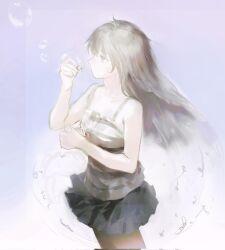 Rule 34 | 1girl, bare shoulders, black skirt, blowing bubbles, bubble wand, collarbone, corrupted twitter file, cowboy shot, empty eyes, floating hair, from side, grey eyes, grey hair, hands up, highres, holding, light, lips, long hair, looking up, medium bangs, miniskirt, nose, pale skin, pingupingn, pink background, profile, shimako (yume 2kki), skirt, sleeveless, soap bubbles, solo, striped tank top, tank top, white background, wind, wind lift, yume 2kki