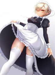 Rule 34 | 1girl, apron, arm at side, azur lane, black dress, blonde hair, braid, bustier, chain, closed mouth, clothes lift, collar, commentary request, corset, cowboy shot, cross, dress, dress lift, eyelashes, french braid, frilled dress, frills, from below, gala (16901040), garter straps, gradient background, grey background, hair over one eye, hair ribbon, highres, inverted cross, juliet sleeves, knees, lifted by self, long sleeves, looking at viewer, maid, maid apron, maid headdress, metal collar, puffy sleeves, ribbon, sheffield (azur lane), smirk, solo, sunlight, thighhighs, thighs, tsurime, white ribbon, white thighhighs, wrist cuffs, yellow eyes