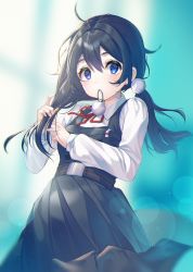 Rule 34 | 1girl, ahoge, black hair, blue background, blue eyes, commentary request, cowboy shot, dress, hair between eyes, hair ornament, hair tie, highres, kinty, kitashirakawa tamako, long hair, long sleeves, looking at viewer, low twintails, mole, mole on neck, mouth hold, pinafore dress, school uniform, shirt, simple background, sleeveless dress, solo, standing, tamako market, twintails, tying hair, white shirt