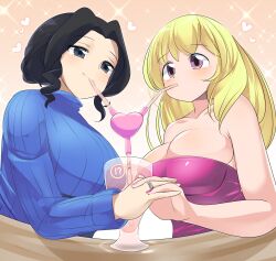 Rule 34 | 2girls, black eyes, black hair, blonde hair, blue sweater, blush, breasts, character request, closed mouth, commentary request, copyright request, drill hair, drill sidelocks, drink, drinking straw, drinking straw in mouth, fingernails, fisheye, heart, highres, holding hands, interlocked fingers, jewelry, large breasts, lets0020, long hair, long sleeves, medium bangs, mini person, miniboy, multiple girls, pink nails, pink shirt, purple eyes, ring, shared straw, shirt, short hair, sidelocks, smile, sparkle, strapless, strapless shirt, sweater, upper body, yuri