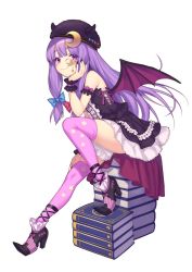 Rule 34 | 1girl, alternate costume, arm garter, bat wings, blunt bangs, book, book stack, closed mouth, clothes between thighs, commentary, corset, fake horns, from side, full body, hair ribbon, halloween costume, hat, high heels, highres, horned headwear, horns, long hair, looking at viewer, monocle, patchouli knowledge, pointy footwear, pokachu, purple eyes, purple hair, purple ribbon, purple thighhighs, ribbon, shoes, sidelocks, sitting, smile, solo, thighhighs, touhou, wings, wrist cuffs