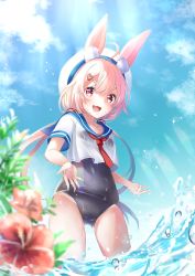 Rule 34 | 1girl, ahoge, animal ear fluff, animal ears, cloud, commentary request, flower, hair ornament, hairclip, hat, highres, long hair, low twintails, mashiro aa, one-piece swimsuit, open mouth, outdoors, pink eyes, pink hair, rabbit ears, school swimsuit, school uniform, see-through, serafuku, shirt, sky, smile, solo, swimsuit, thighs, tomari mari, tomari mari channel, twintails, very long hair, virtual youtuber, wading, water, wet, wet clothes, wet shirt, white hat, white shirt