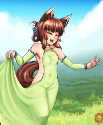 Rule 34 | 1girl, :d, ^ ^, animal ears, armpits, artist name, backless dress, backless outfit, barbariank, bare shoulders, bracelet, breasts, bridal gauntlets, brown hair, closed eyes, cloud, dress, elbow gloves, enja niuhali, closed eyes, flower, folded ponytail, fox ears, fox tail, gloves, grass, green dress, green gloves, happy, highres, jewelry, long hair, lotte no omocha!, nature, open mouth, outdoors, skirt hold, sky, small breasts, smile, solo, tail