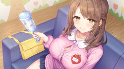 Rule 34 | 1girl, absurdres, bag, black skirt, breasts, brown eyes, brown hair, bursting breasts, cleavage, closed mouth, couch, handbag, highres, holding, holding rattle, large breasts, long hair, looking at viewer, mole, mole under eye, non-web source, original, otosume ruiko, pink shirt, rattle, shirt, sidelocks, sitting, skirt, smile, solo, taut clothes, taut shirt, wooden floor, yellow bag