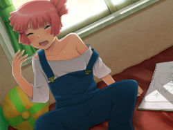 Rule 34 | 10s, 1girl, bad id, bad pixiv id, blush, closed eyes, collarbone, face, indoors, no bra, off shoulder, okazun, open mouth, overalls, pink hair, short hair, sitting, sketchbook, solo, star driver, tsunashi takuto, window, yawning, you mizuno