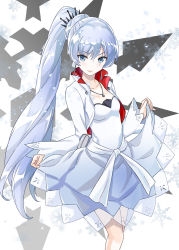 Rule 34 | 1girl, blue eyes, breasts, closed mouth, collarbone, cropped jacket, dress, earrings, hair ornament, jacket, jewelry, long hair, looking at viewer, mutsumi masato, no nose, pendant, ponytail, pouch, rwby, sash, scar, scar across eye, skirt hold, small breasts, snowflake background, snowflakes, solo, tiara, two-sided fabric, two-sided jacket, very long hair, weiss schnee, white dress, white jacket