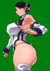 Rule 34 | 1girl, armpits, ass, black hair, breasts, double bun, green background, highres, huge ass, huge breasts, koutarou, looking at viewer, parted lips, red eyes, short hair, simple background, solo, standing